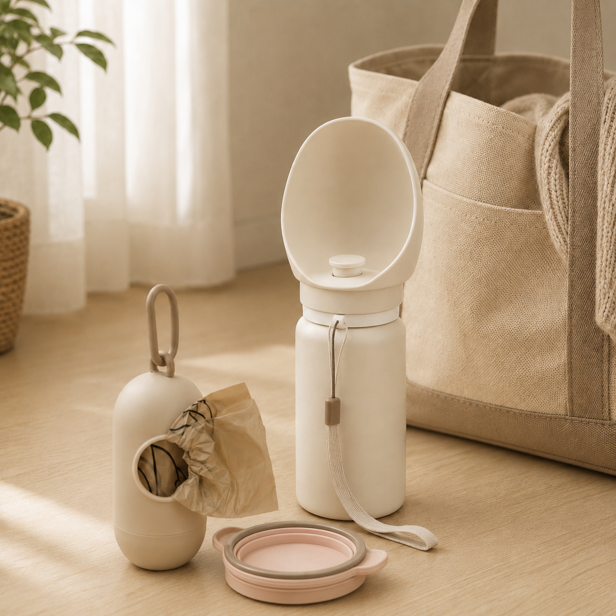Portable pet water bottle, travel bowl and waste bag dispenser